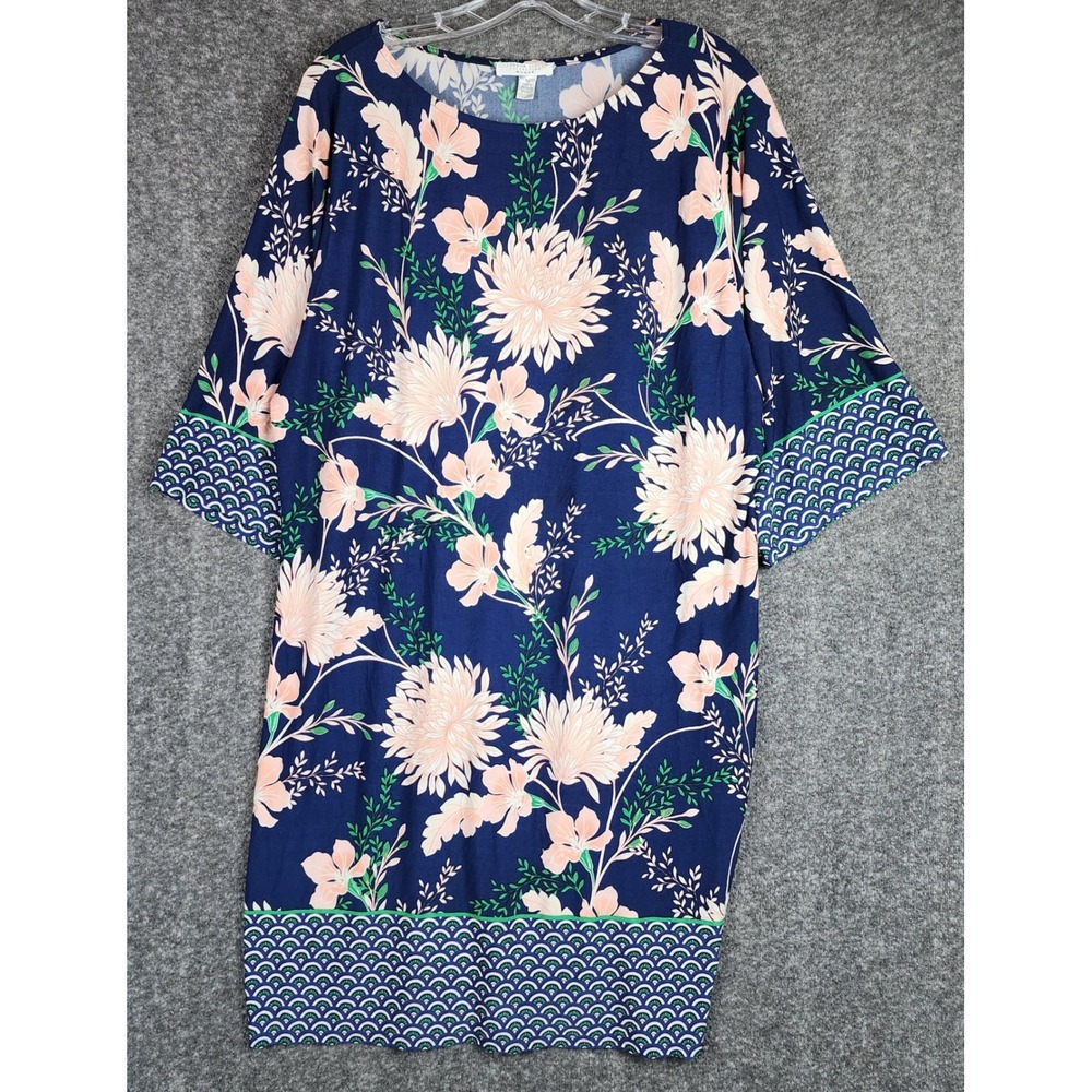 London Style Collection Dress Womens 1X Shift Navy Blue Floral EUC